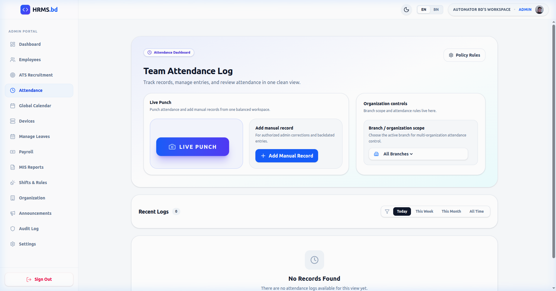 Attendance Management — Unnish HRMS Bangladesh