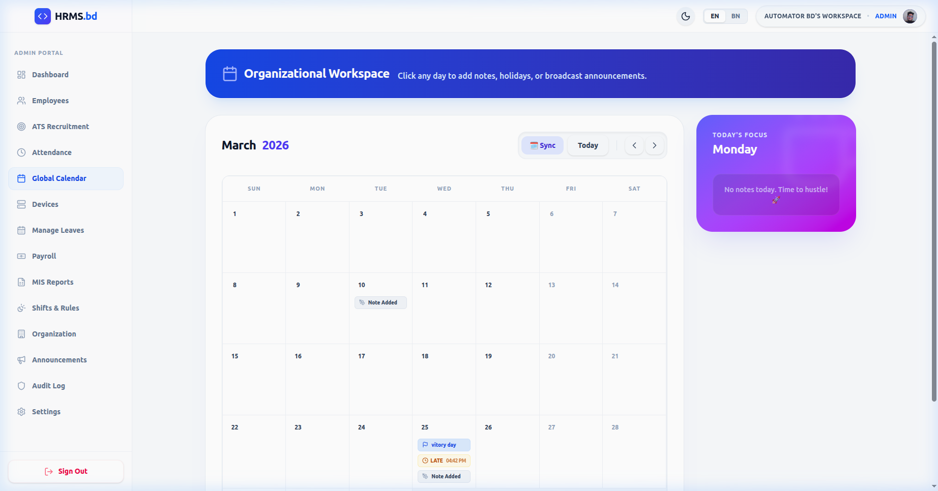 Global Calendar — Unnish HRMS Bangladesh