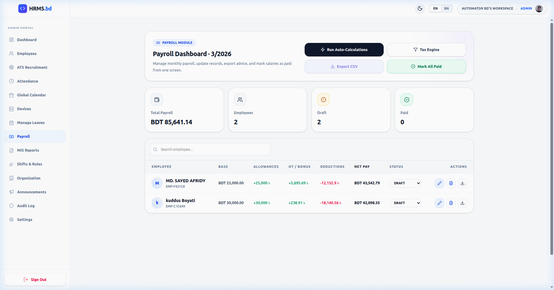 Payroll Engine — Unnish HRMS Bangladesh